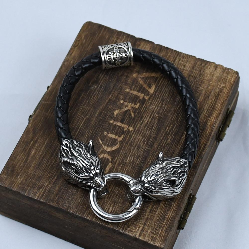 Wolf Head Bracelet Stainless Steel Viking Rune Bead Leather Bracelet Jewelry For Women Men Unisex Gift