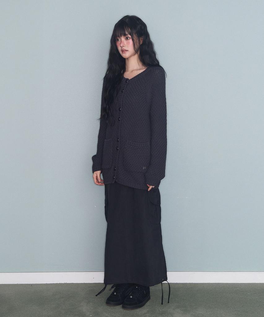 Mileko Turtle-Button Knit Cardigan Charcoal