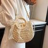 Straw Woven Handbag Boho Small Crossbody Purse with Detachable Strap Round Top Handles Summer