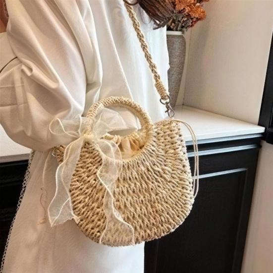 Straw Woven Handbag Boho Small Crossbody Purse with Detachable Strap Round Top Handles Summer