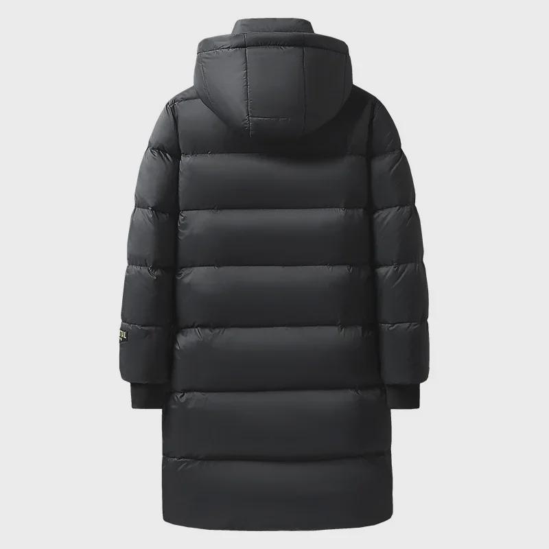 "National Standard" Black and Gold Long Down Jacket - Trendy, Hooded with White Duck Down