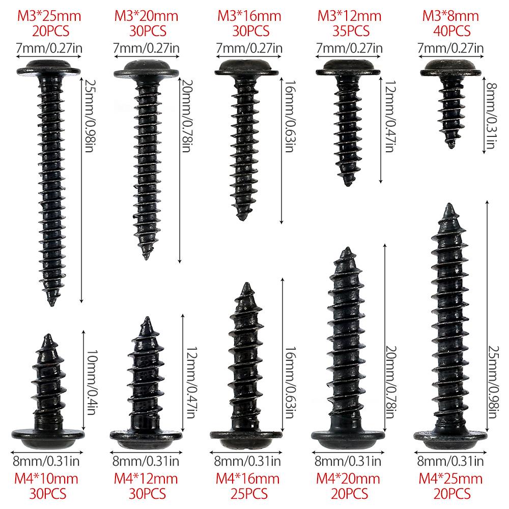 500/280Pcs M3/M4 Screws Black Self Tapping Screws Pan Head Cross Self Drilling Wood Screw Assortment Kit Carbon Steel Screws