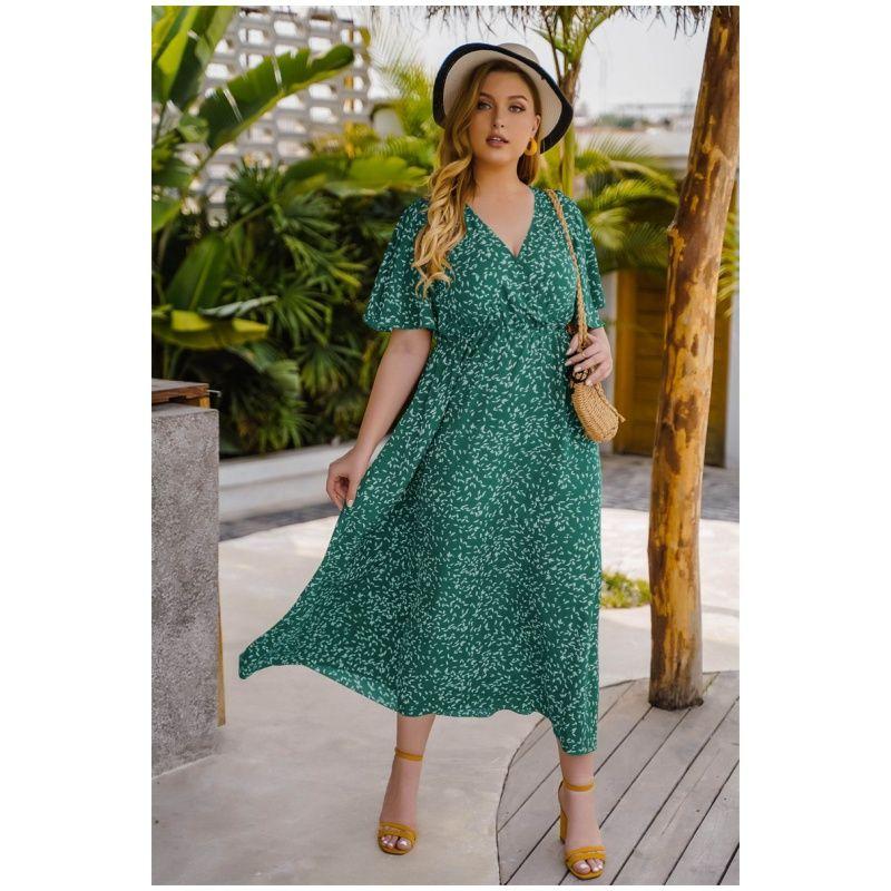 

XL-4XL Women Dress plus Ladies Print Skirt High Waist V-neck Loose Dress Turquoise 4XL