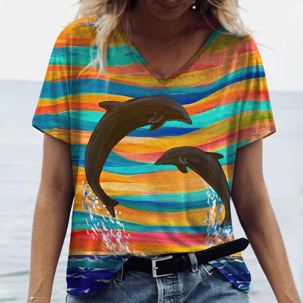 Women's Dolphin Print T-shirt V-neck Top Retro Aesthetic Clothing Oversized Funny Loose Fashion Novelty T-shirt