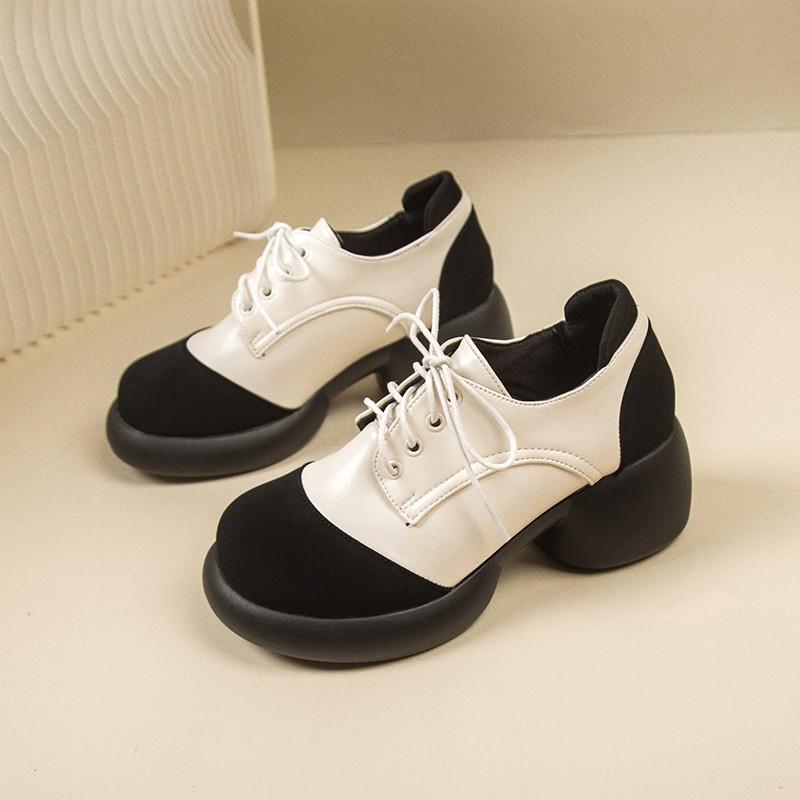 Fashion Women's Fashion Thick Heel Shoes Spring New Round Head Deep Mouth Splicing Front Lacing Thick Sole Mid-heel Shoes