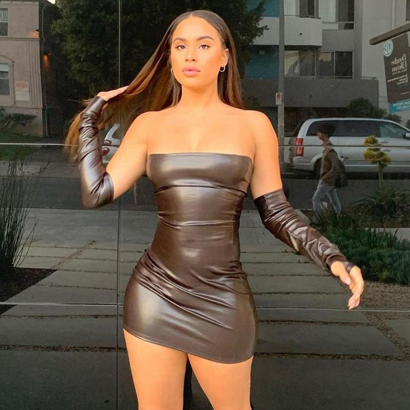 Spring Summer Sexy PU Strapless Women Solid Color Slash Neck Club Style Hip Short Dress