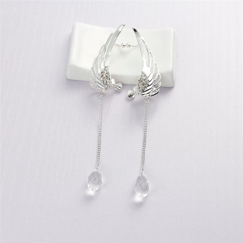 Boucles d'oreilles longues ailes d'ange creuses pour femmes, 2 pièces, jolis strass en cristal, Clip de manchette, bijoux en diamant