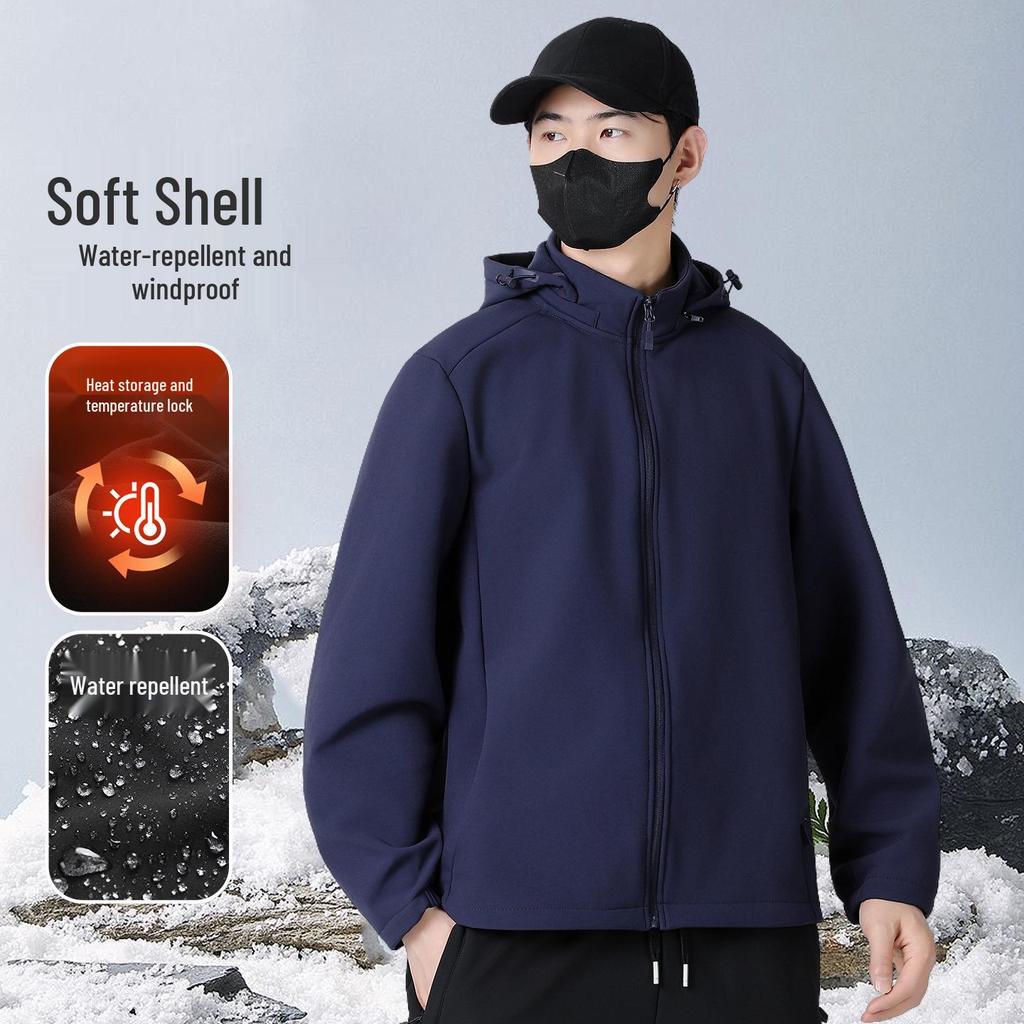 Men's Winter Softshell Jacket with Detachable Hood, Fleece-Lined, Windproof, and Warm - Plus Size Available
