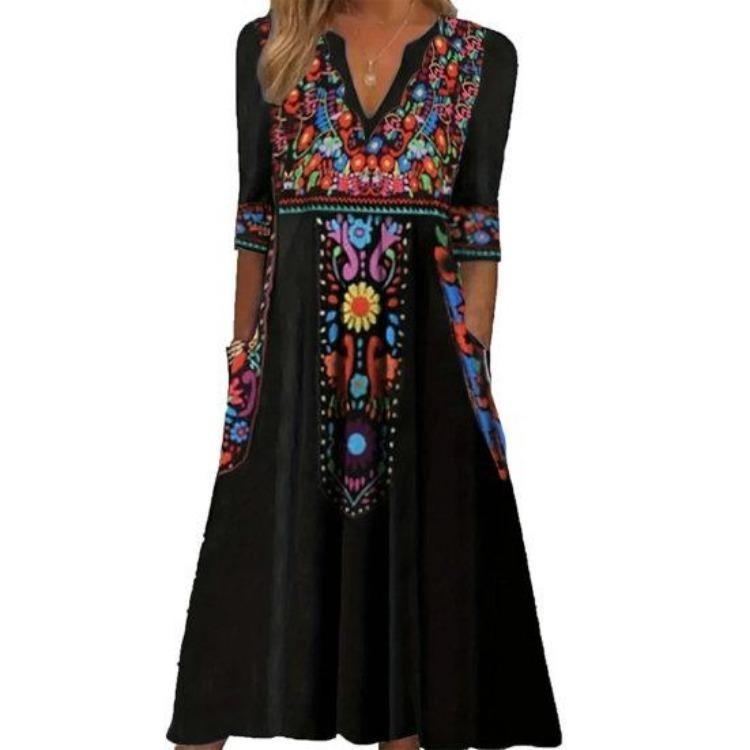 Plus Size Bohemian Dress Sexy V Neck Three Quarter Sleeves Loose Hem with Pockets Retro A Line Ethnic Print