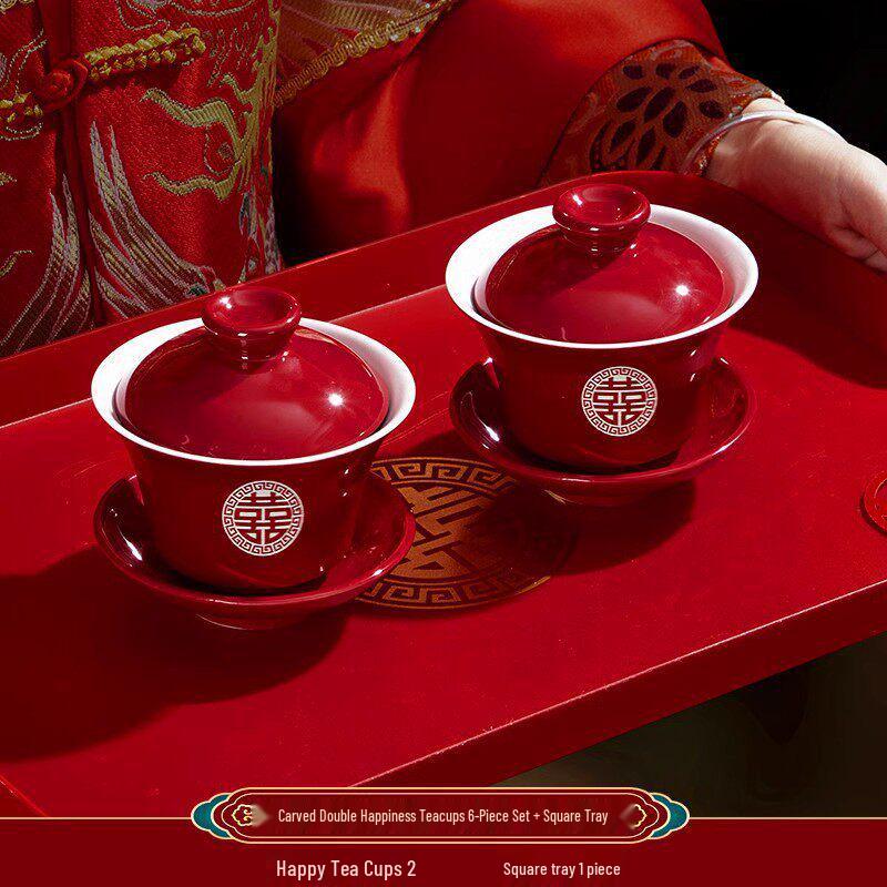 Wedding Ceremony Bowl Set: Tea Cup, Marriage Chopsticks, Toast Bowl, Bride's Dowry Utensils, Chinese Bowl, Chopsticks & Spoon Set
