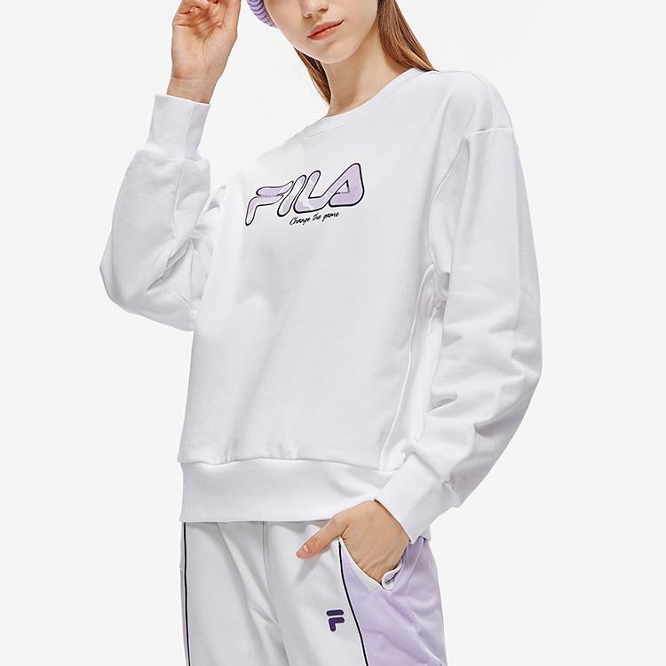 Fila Fusion American Retro Large Logo Print Crew Neck Knit Pullover Long Sleeve Sweatshirt Women sweatshirt Standard-White T11W241212FWT