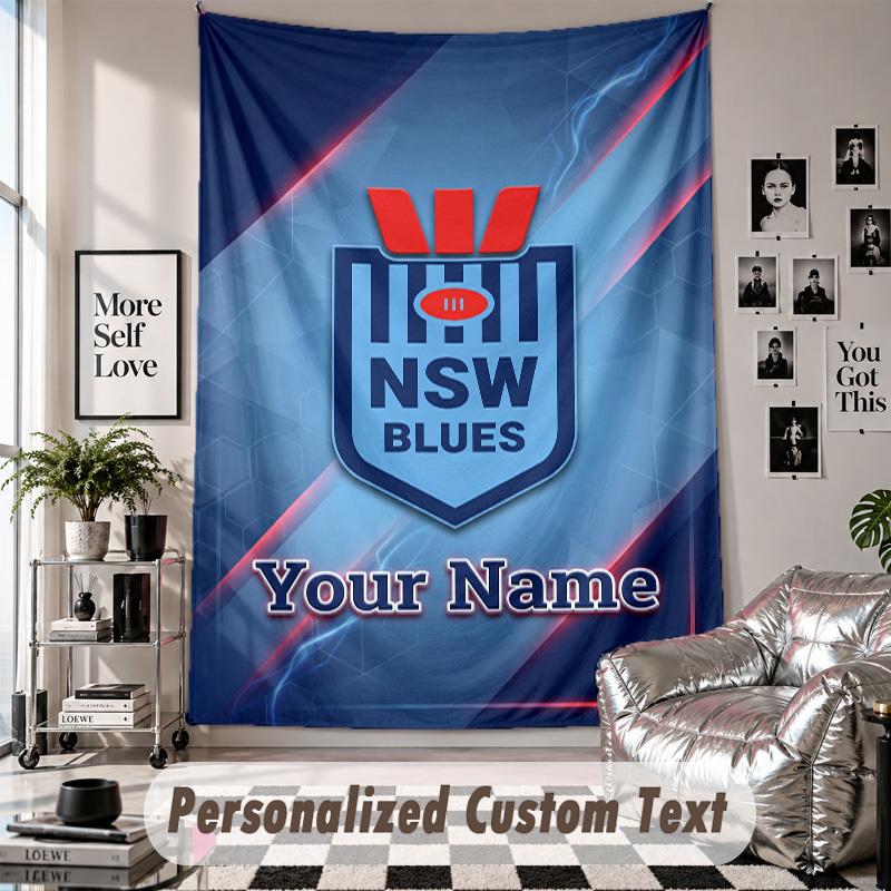Wall Hanging Tapestry With Custom Name & Text, NSW Blues logo Decorative Tapestry For Bedroom