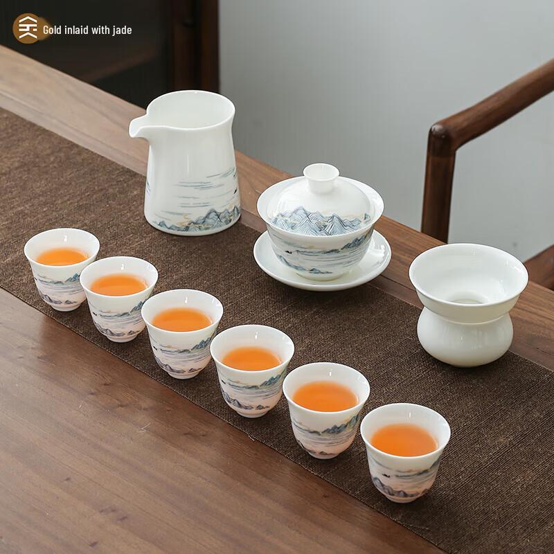 Gold Inlaid Jade Ceramic Kung Fu Tea Set