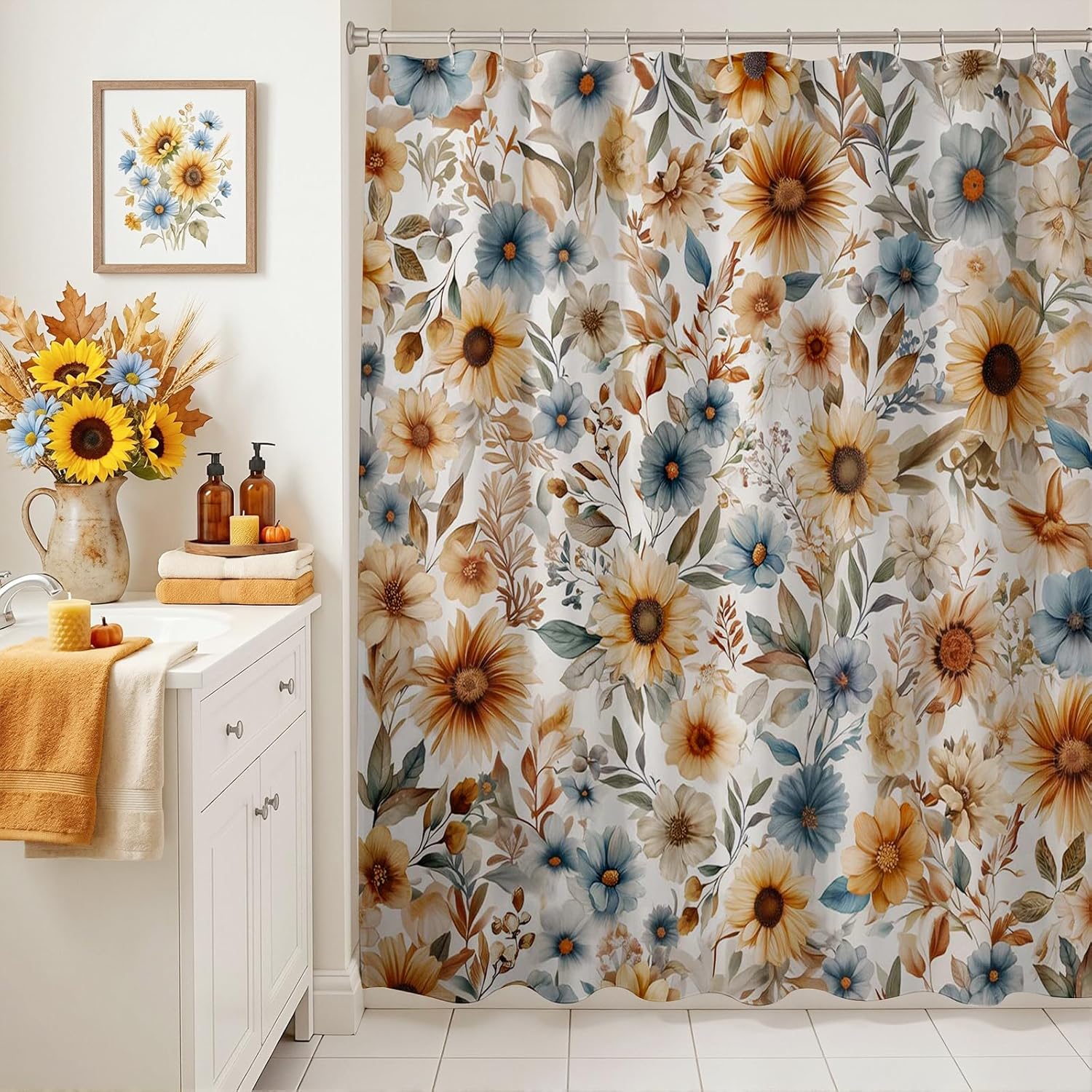 

Vintage Floral Shower Curtain – Retro Boho Flowers, Rustic Mid-Century Farmhouse Bathroom Decor 12Pcs Hooks 71X71Inch W60H190(CM)-1 Pcs
