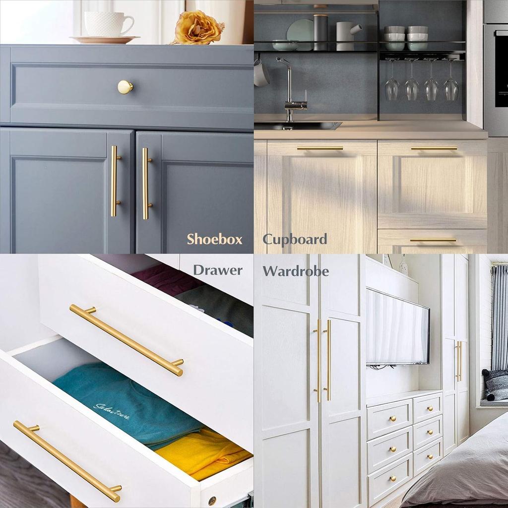 6 Pack 6" Brushed Brass Cabinet Cupboard Drawer Door Handle Pull Stainless Steel T Bar Drawer Pulls, 6" Length, 4" Hole Center