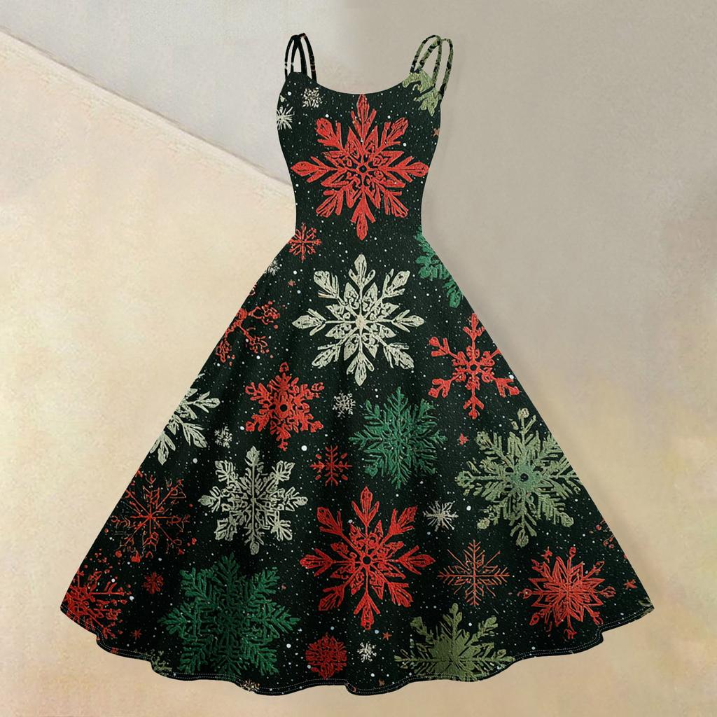 (buon Natale) Abito Casual da Donna alla Moda con Stampa Fiocco di Neve Natalizio/Albero di Natale/Pupazzo di Neve Girocollo Retro