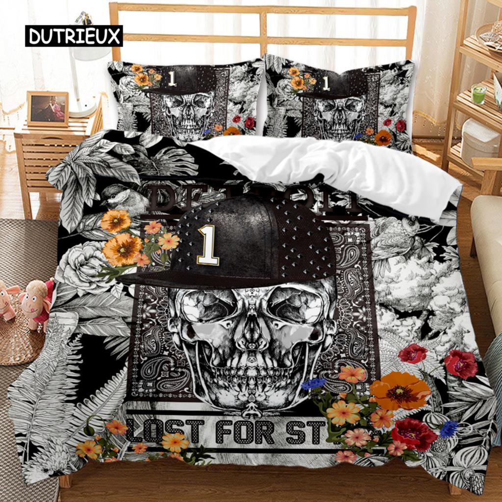 Skull Duvet Cover Set Queen 3D Skeleton Floral Skull Pattern Printed Bedding Qulit Cover Gothic Microfiber Bedding Queen Size