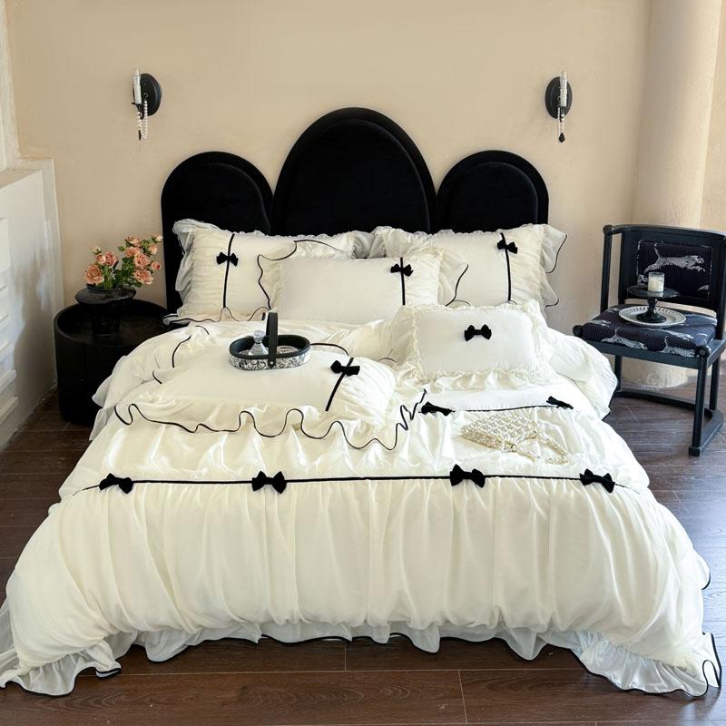 Romantic Lace Princess Black Bow Bedding Set Pink Korean Style Duvet/Comforter Cover Set Bed Sheet/Fitted Sheet Pillowcases 4Pcs
