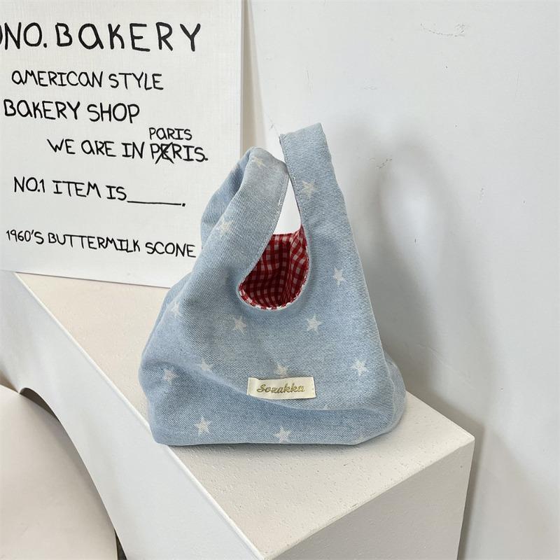 Cute New Denim Hand Bag Portable Storage Go Out Wrist Bag Contrasting Color Red Grid Portable Small Bag