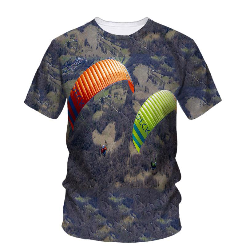 3D Parachute Paraglider Printed Casual Short Sleeved Children's Boy T-shirts  - Soft Medium Stretch Fabric Spring and Autumn Relaxed Fit Clothing