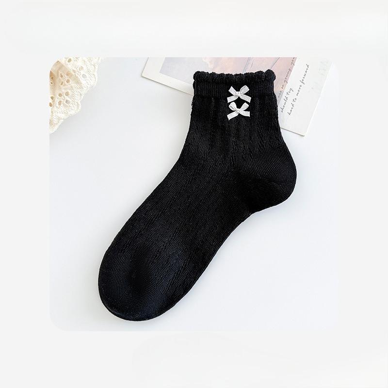 

Женские летние тонкие носки из хлопка с кружевом агарик и бантом, балетные сетчатые дышащие короткие носки 1 pair чёрный