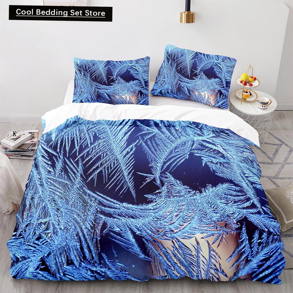 3D Snowflake King Queen Duvet Cover Romantic Purple Snow Landscape Bedding Set for Kids Teens Adults Christmas Soft Quilt Cover