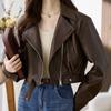 Spring and Autumn Short Leather Jacket Brown Lapel Motorcycle Jacket Design PU Leather Jacket for Women