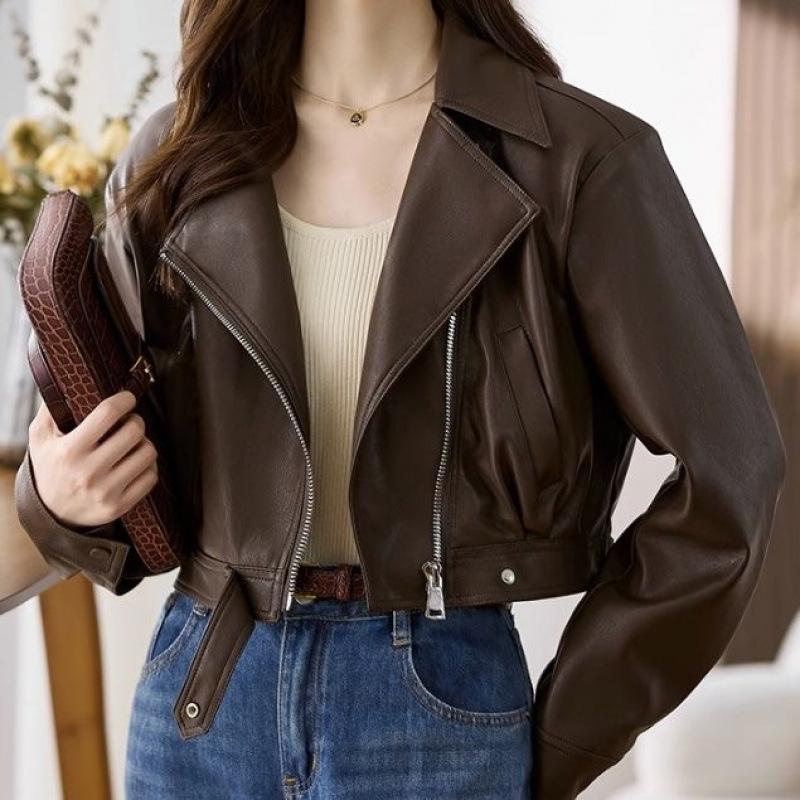 Spring and Autumn Short Leather Jacket Brown Lapel Motorcycle Jacket Design PU Leather Jacket for Women
