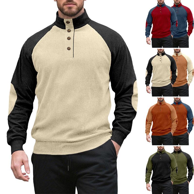 Spring and Autumn Men's Outdoor Raglan Sleeve Casual Stand Collar Loose Corduroy Long Sleeve Sweatshirt