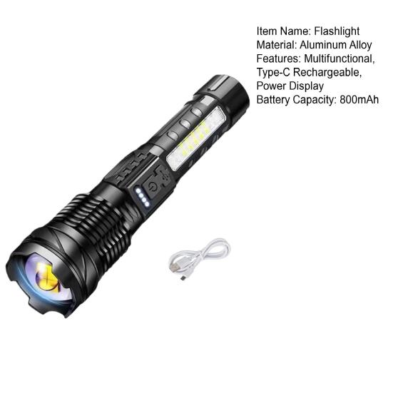Yousheng Super Bright Flashlight, Outdoor Waterproof Flashlight, Type-C Rechargeable Flashlight, Multifunctional Torch with Power Display, Zoomable