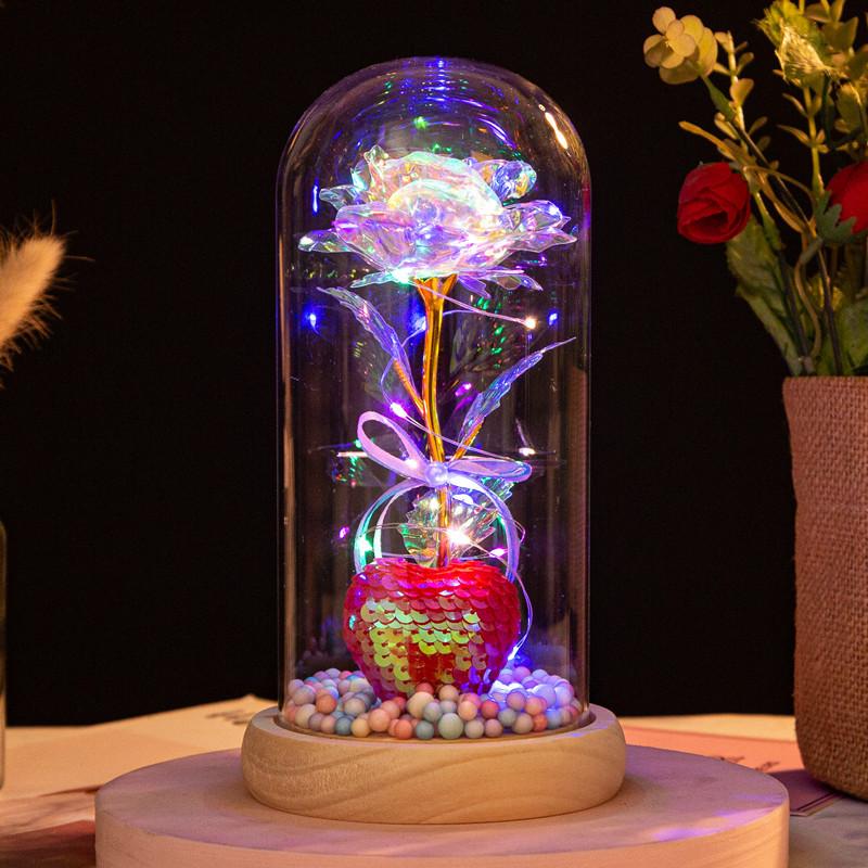 Love glass cover gold leaf flower ornament, creative mother's Valentine's Day gift, luminous simulated rose bouquet