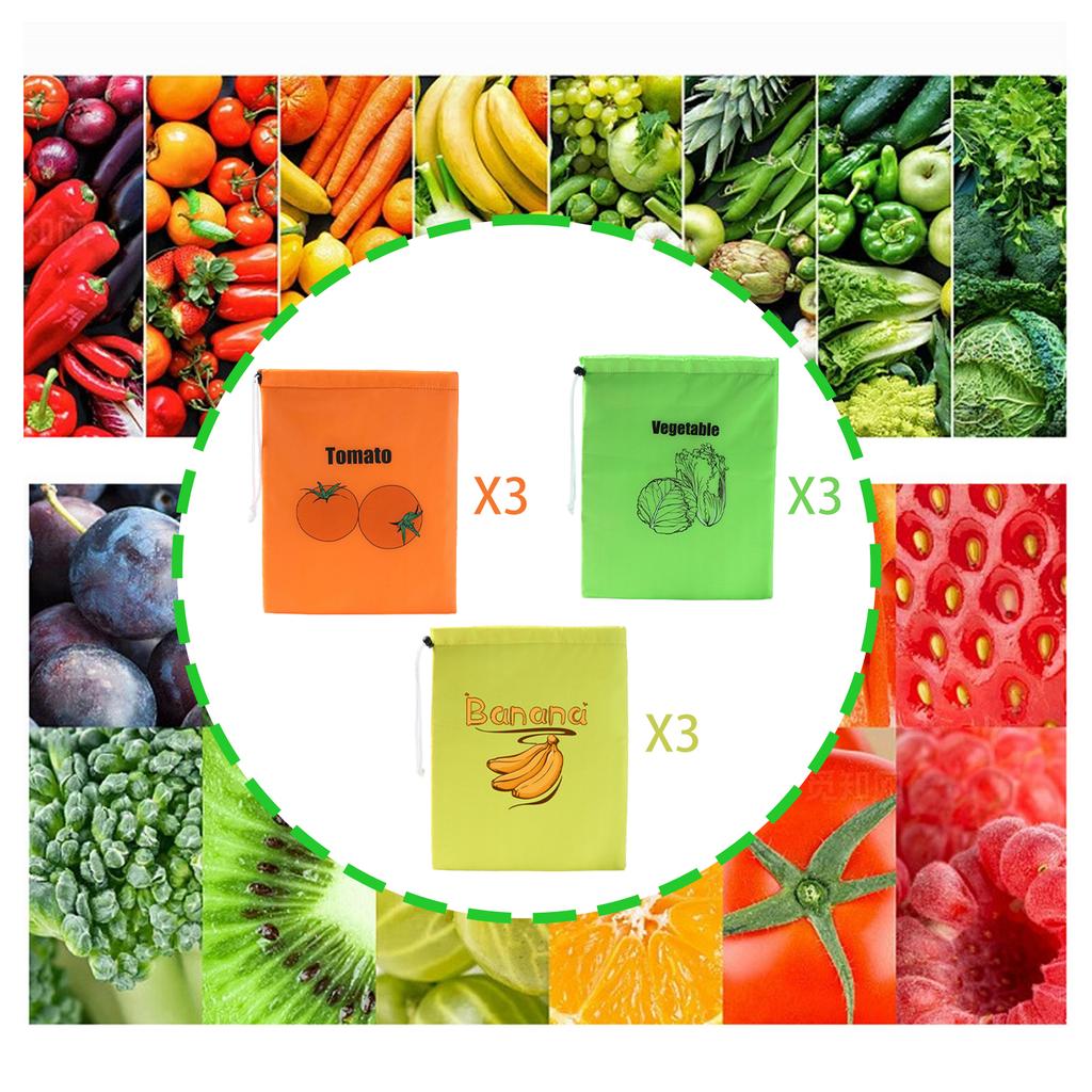 9Pcs 3 Color Reusable Food Storage Bags Bananas Lettuce Tomatoes 13.7x11inch Vegetable Fruit Keep Fresh Bags Aluminum Liner