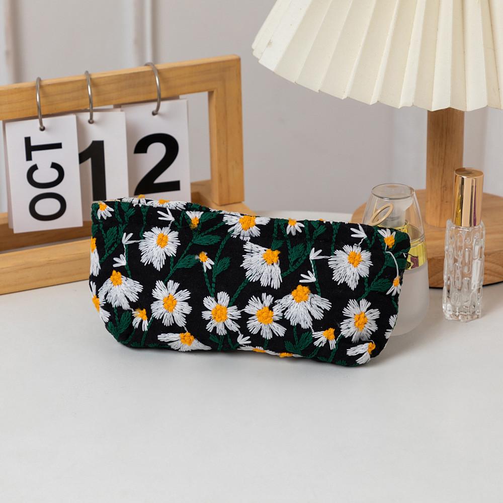 Canvas Embroidery Cosmetic Bag With Floral Pattern For Travel And Home Use