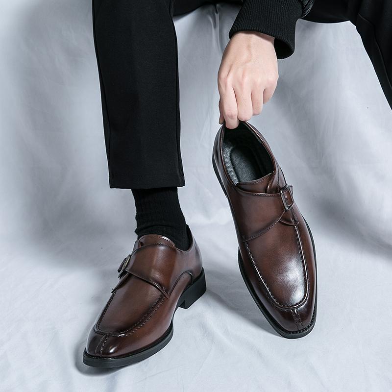 Fashion Men Pointed Toe British Men Leather Shoes Buckle Low Heel Single Shoes Large Size Men Shoes Slip on