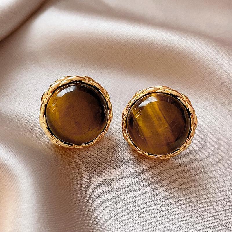 Geometric Tiger's Eye Stud Earrings, Retro Millard Style - Unique Design with Silver Needle 