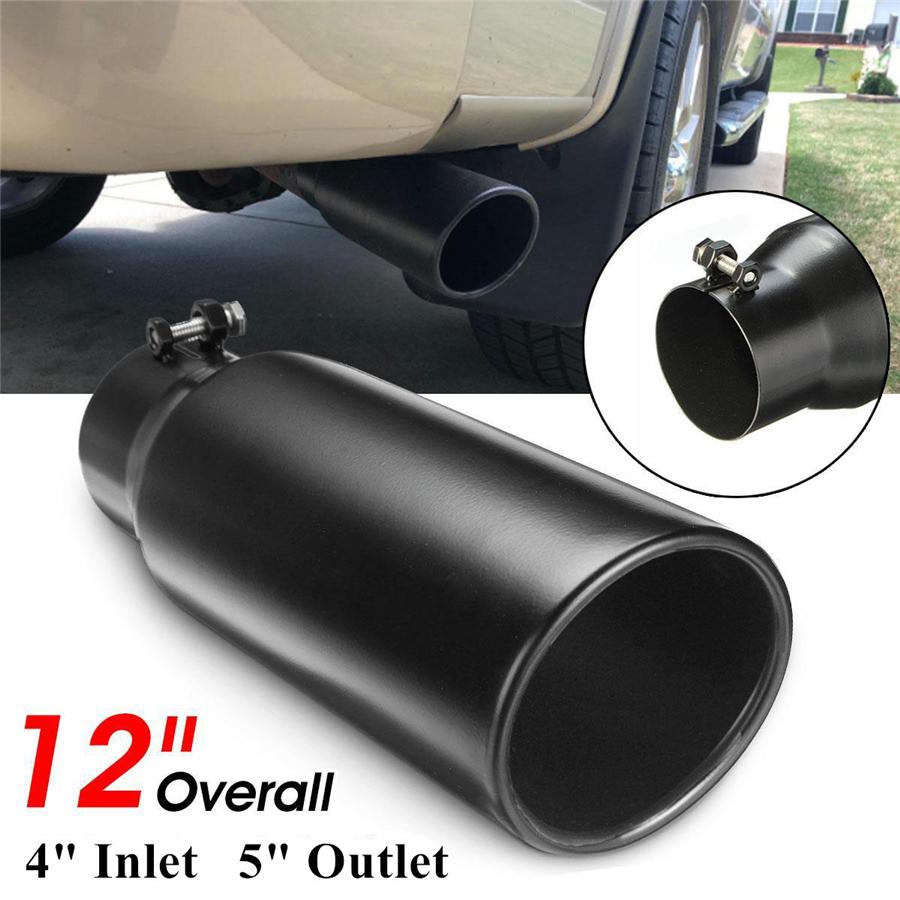 4" Inlet 5" Outlet 12" Long Angle Cut Rolled Bolt-On Exhaust Tip Tail Pipe Black