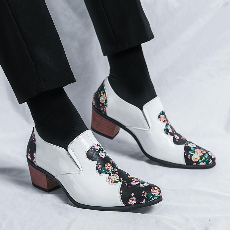Men's White Flower Printed Dance Shoes Leather High Heels Wedding Dress Shoes Tuxedo Prom Blazers Red Dress Shoes Plus Size