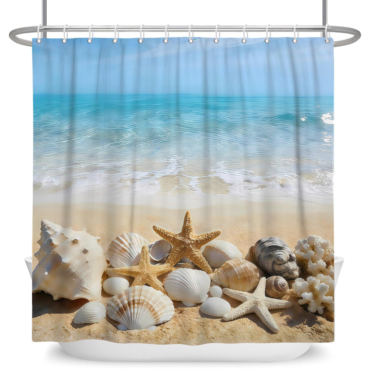 

Beach Ocean Waves Shower Curtain Seashell Starfish Print Waterproof Fabric Bathroom Curtains Home Decor With 12 Hooks Included W60H190(CM)-1 Pcs