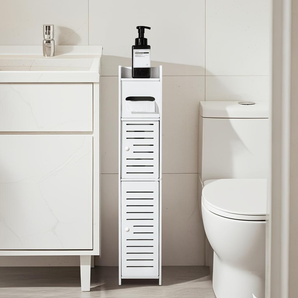 Compact Storage Unit for Bathrooms, Designed with A Slim Profile and Made From Durable PVC. Perfect for Small Areas, Easy To Put Together