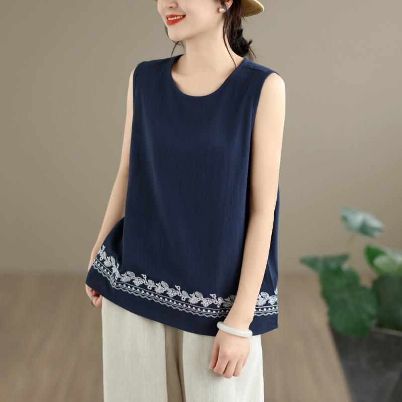 oversized cotton vintage embroidery Casual loose tank tops for Women summer vest t-shirt