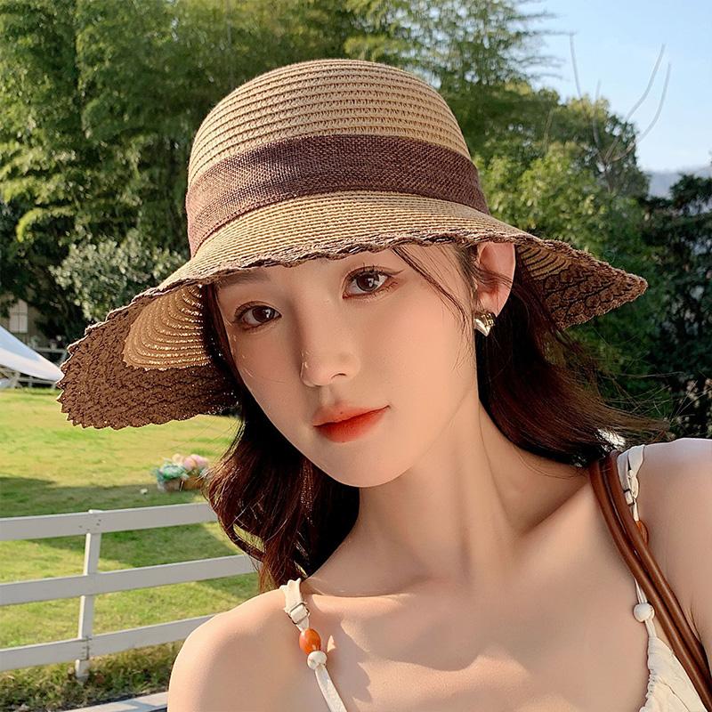 Panama Sunscreen Foldable Woven Grass Women Hat Straw Bowknot Brim Wide Summer Caps Female Outdoor Beach Travel Fishermen Hat Trendy Fashionable