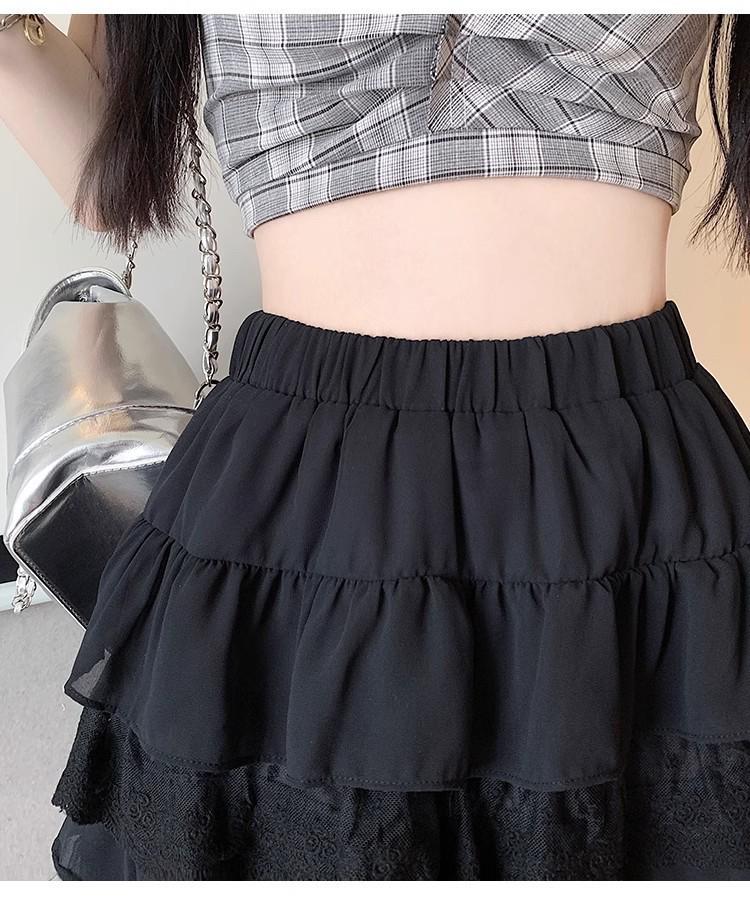 2026 Spring Women's High-Waisted Mesh Lace Trim Short Skirt with Anti-Exposure Design