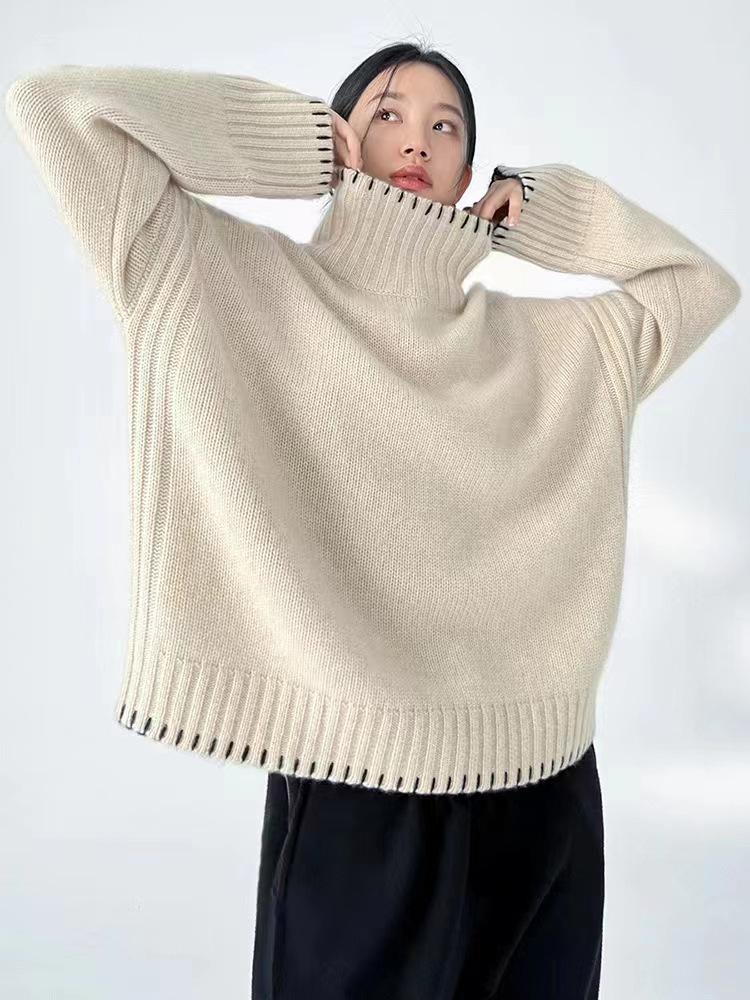 

Women s Thickened Cashmere High Neck Cable Knit Sweater - Autumn/Winter Loose Style Large (115-125 jin)