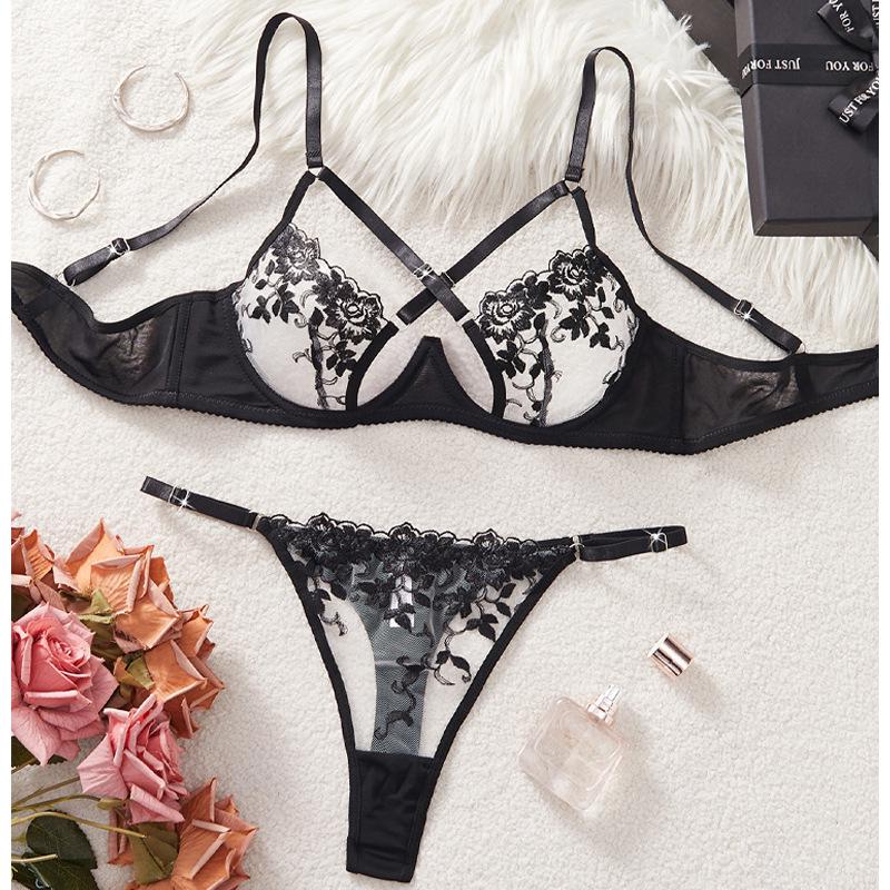 Francuski Styl Koronkowy Zestaw Bielizny: Przezroczysty Haftowany, Seksowny i Wygodny Zestaw Biustonoszy