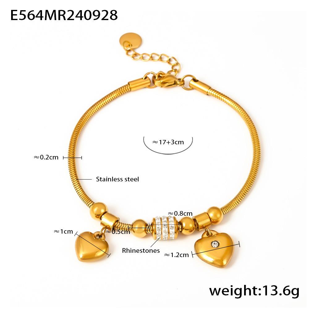 Double Peach Heart Czech Rhinestone Soft Snake Bracelet with Stainless Steel Elements