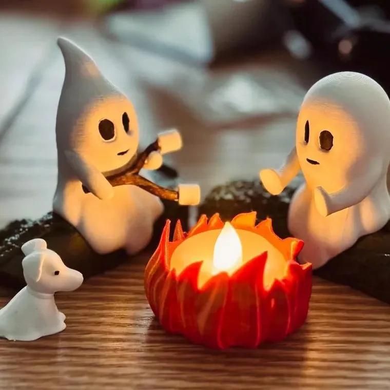Ghost Campfire Gathering Halloween Nightlight Cute Ghost Figurine Set Small Campfire Light Fun Halloween Decorations Unique Gift