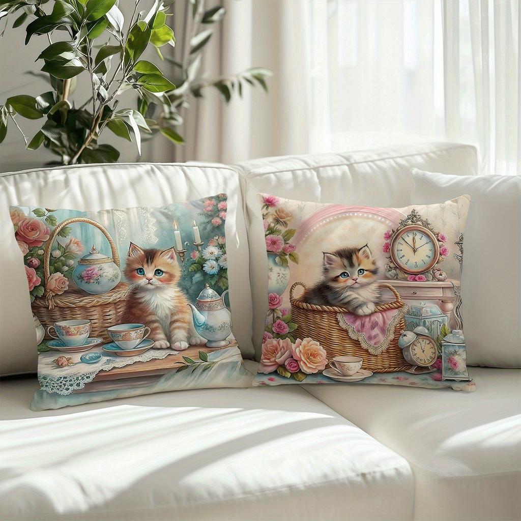 Vintage - Style Kitten Tea - Time Pillow CoversLiving Room Sofa Cushion Cover, Soft and Comfortable, Bedroom Room Decoration