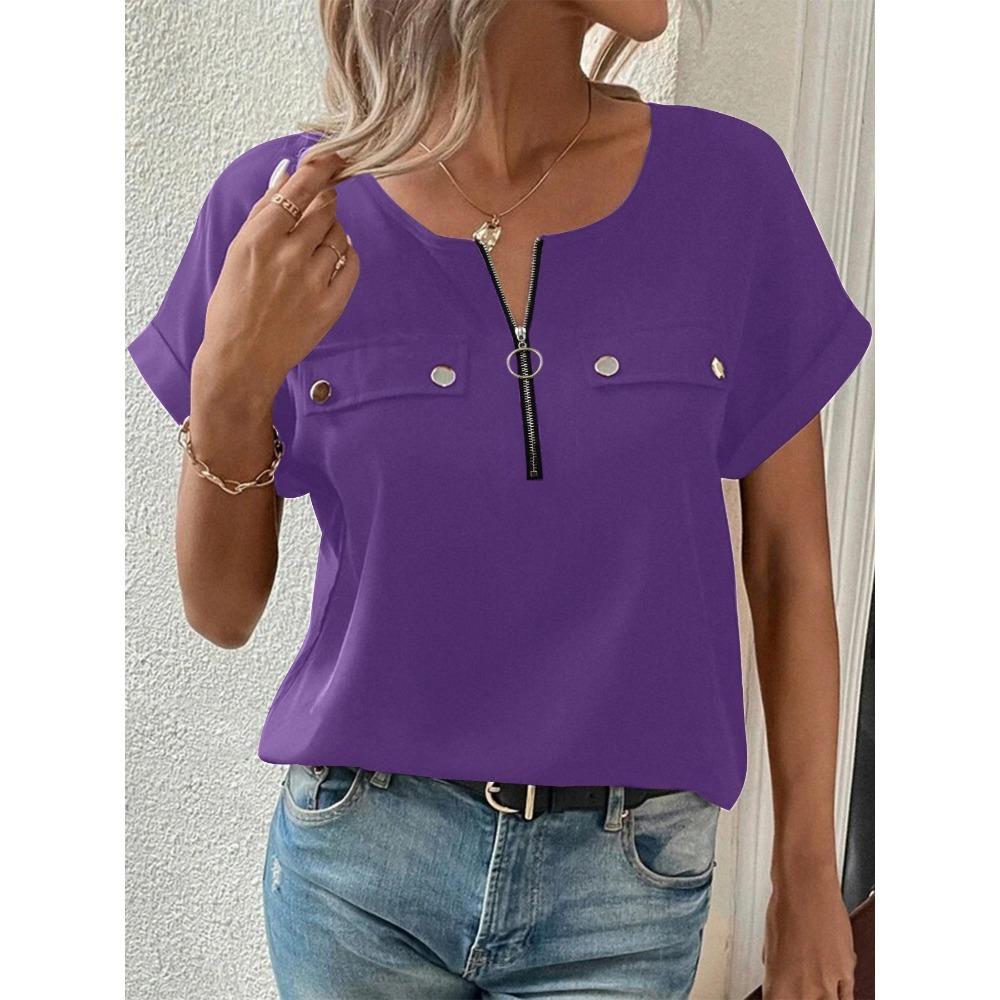 Pullover Shirt Sommer Damen Oberteile O-Ausschnitt Reißverschluss Patchwork Knopf Falsche Taschen Dekoration Oberteile Einfarbig Kurzarm Damenbekleidung