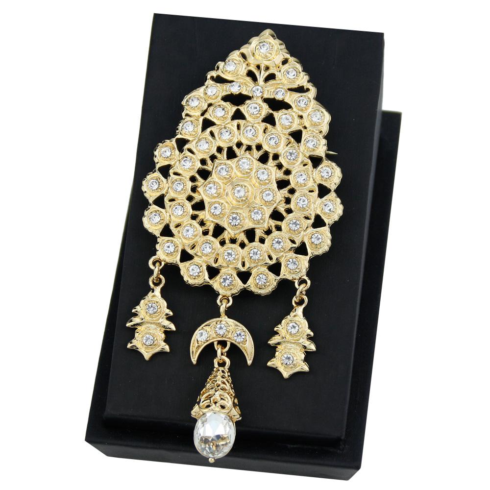 Elegant Gold Color Round Flower Brooch Ladies Jewelry Crystal Moon Pendant Brooch