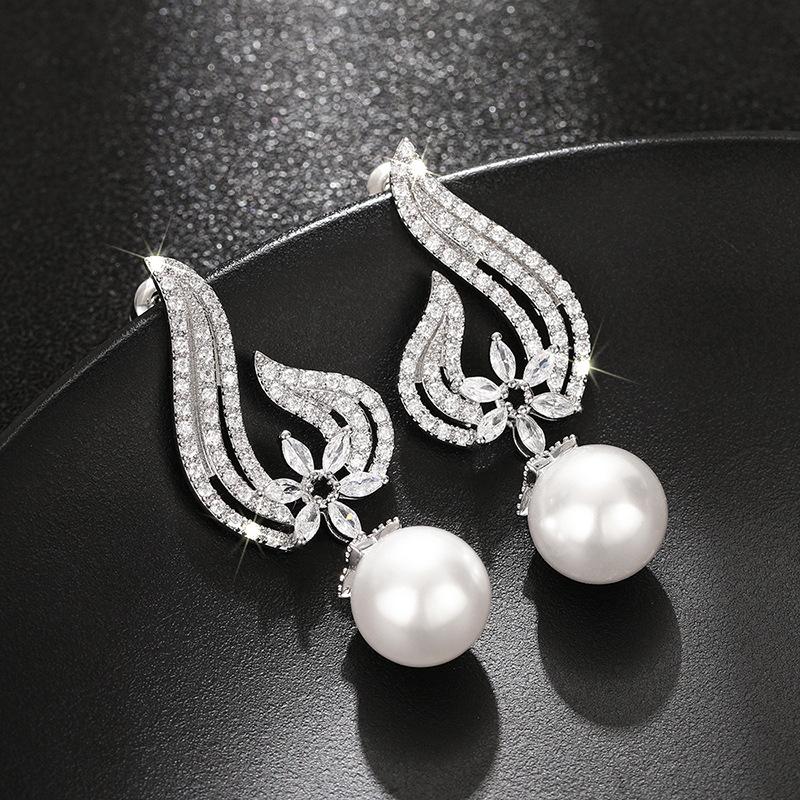 Source Angel Wings Imitation Pearl Earrings, Diamond Flower Zircon Earrings, Dinner Court Earrings